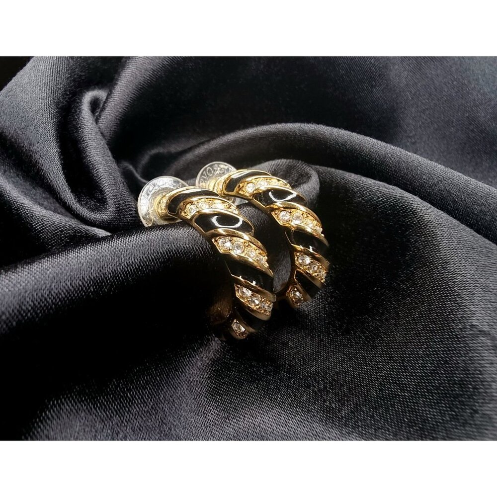 Vintage Swarovski 1980's Black Gold-Tone Crystal Hoop Earrings